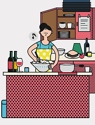 PSD 여자 와인잔 일러스트 주방용품 집안 실내 샌드위치 요리 한명 성인 주방 와인 와인병 조리대 요리준비 혼족 레이어드홈 국내일러스트 1 음식 생활용품 술잔 병_용기 주류 사람 내부 준비 싱글라이프 파일형식