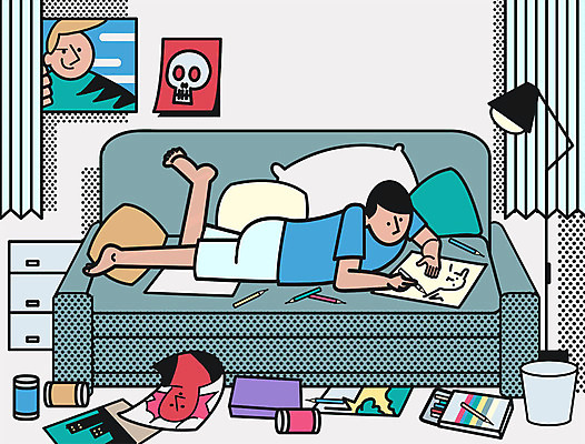 PSD 남자 엎드리기 쿠션 일러스트 집안 색연필 실내 한명 성인 소파 스탠드 그리기 캔 안식처 국내일러스트 1 의자 모션 휴식 학용품 조명 사람 내부 파일형식