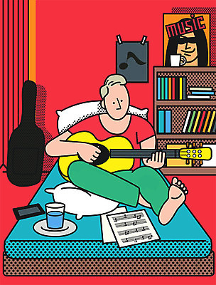 PSD 남자 쿠션 연주 일러스트 집안 책장 실내 한명 성인 스마트폰 기타 침대 물컵 연습 악보 안식처 국내일러스트 1 음악 가구 현악기 휴식 사람 내부 컵 핸드폰 스마트기기 파일형식