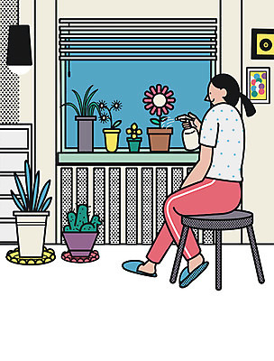 PSD 여자 꽃 화분 의자 일러스트 창문 집안 선인장 실내 한명 성인 물뿌리개 블라인드 물주기 안식처 국내일러스트 식물 1 가구 모션 휴식 사람 내부 커튼 파일형식