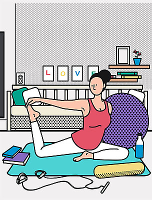 PSD 여자 화분 일러스트 요가 집안 실내 건강 한명 성인 책 소파 운동 요가자세 매트 짐볼 물병 요가복 안식처 레이어드홈 국내일러스트 1 웰빙 포즈 의자 휴식 사람 내부 운동복 물통 파일형식