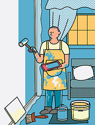 PSD 남자 쿠션 일러스트 창문 집안 실내 한명 성인 인테리어 소파 앞치마 페인트 커튼 페인트붓 페인트롤러 셀프 안식처 레이어드홈 국내일러스트 1 디자인 의자 휴식 사람 내부 붓 파일형식