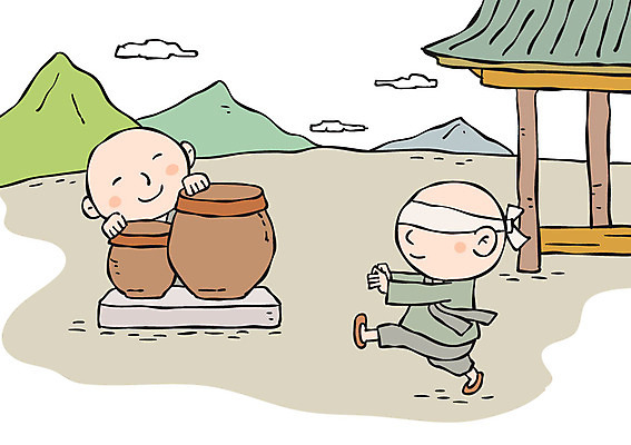 전신 남자 어린이 불교 일러스트 놀이 산 서기 두명 눈가림 항아리 동자승 술래잡기 국내일러스트 AI파일 종교 모션 사람 가림 도자기 승려 파일형식 벡터