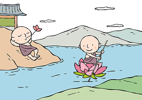 전신 남자 불교 일러스트 산 연꽃 서기 앉기 성인 두명 강 승려 국내일러스트 AI파일 꽃 종교 모션 사람 성직자 파일형식 벡터