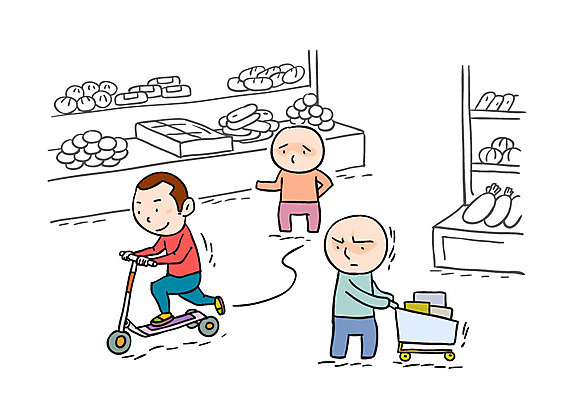 전신 남자 일러스트 서기 성인 세명 쇼핑카 예절 공공예절 식료품점 퀵보드 국내일러스트 AI파일 교통수단 모션 사람 쇼핑 상점 카트 파일형식 벡터