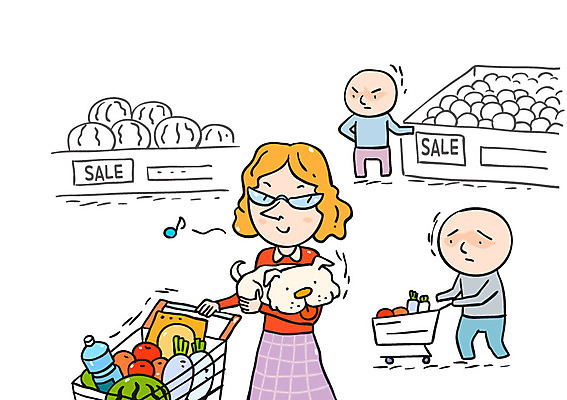 전신 여자 남자 일러스트 서기 상반신 성인 세명 쇼핑카 예절 강아지 공공예절 식료품점 펫티켓 국내일러스트 AI파일 모션 사람 반려동물 쇼핑 상점 카트 개 파일형식 벡터