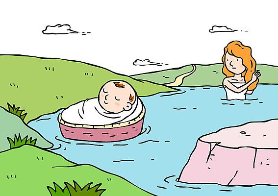 전신 여자 남자 기독교 일러스트 상반신 성인 두명 강 바구니 목욕 아기 성경이야기 모세 국내일러스트 AI파일 종교 이야기 사람 청결 파일형식 벡터