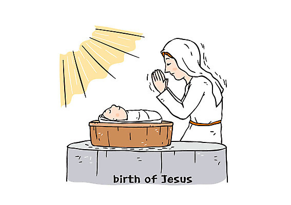 여자 남자 기독교 일러스트 상반신 성인 두명 햇빛 바구니 기도 아기 예수 예수탄생 국내일러스트 AI파일 종교 사람 태양 신_종교 파일형식 벡터