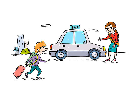 전신 여자 남자 여행 일러스트 가이드 안내 서기 성인 두명 여행객 캐리어 택시 국내일러스트 AI파일 직업 모션 승용차 자동차 사람 여행가방 파일형식 벡터