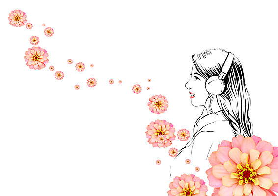 PSD 편집이미지 여자 꽃잎 꽃 포토일러 한명 성인 뷰티 헤드셋 음악감상 이미지편집 식물 1 음향기기 사람 헤드폰 감상 파일형식