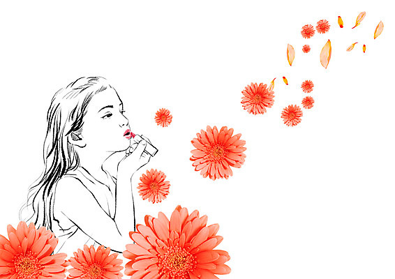 PSD 편집이미지 여자 꽃잎 꽃 어린이 포토일러 한명 뷰티 립스틱 이미지편집 식물 1 사람 화장품 파일형식