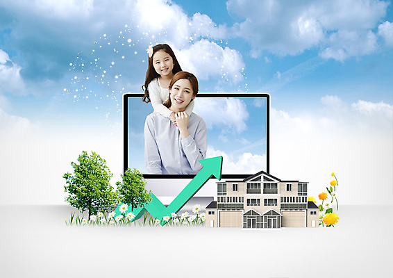 PSD 나무 구름 편집 편집이미지 여자 꽃 딸 화살표 어린이 비즈니스 가족 포옹 하늘 엄마 부동산 주택 웃음 상반신 성인 두명 한국인 이미지편집 자연요소 식물 관계 안기 표정 사람 동양인 건물 재산 파일형식