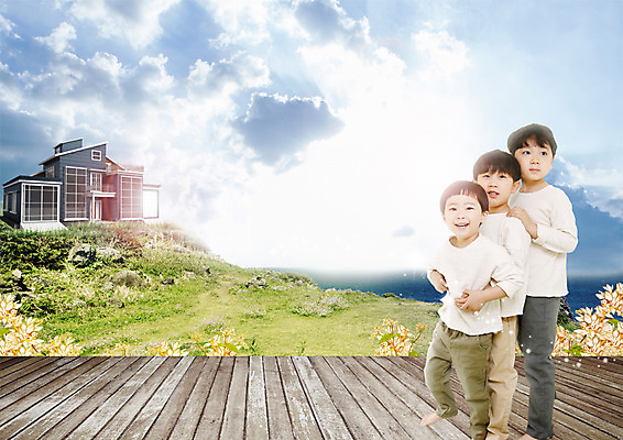 전신 PSD 구름 편집 편집이미지 남자 어린이 바다 하늘 주택 서기 웃음 세명 한국인 마루 형제 소년만 이미지편집 자연요소 가족 모션 바닥 표정 사람 동양인 건물 남자만 어린이만 파일형식