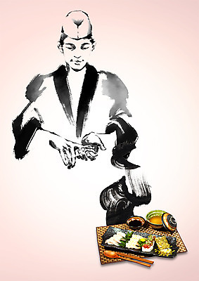 PSD 편집 편집이미지 접시 남자 음식 캘리그라피 젓가락 요리 한명 성인 숟가락 요리사 초밥 장국 일식요리사 일식집 일본음식 이미지편집 직업 1 식기 수저 사람 식당 국 파일형식