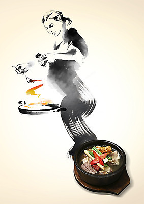 PSD 편집 편집이미지 여자 한식 음식 캘리그라피 요리 한명 성인 숟가락 요리사 조미료 뚝배기 갈비탕 이미지편집 직업 1 수저 사람 탕 향미료 파일형식