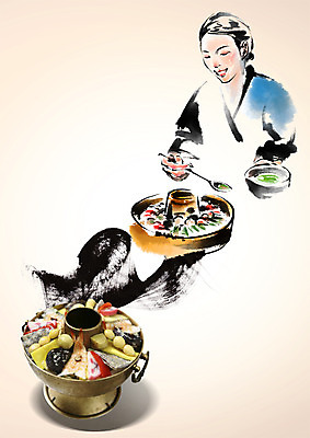 PSD 편집 편집이미지 여자 한식 음식 캘리그라피 요리 한명 성인 숟가락 요리사 궁중음식 신선로 이미지편집 직업 1 수저 사람 전통음식 파일형식