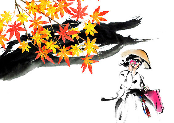 PSD 편집 편집이미지 여자 단풍 캘리그라피 한명 상반신 성인 스마트폰 쇼핑 선글라스 쇼핑백 가을 한복 통화 어우동갓 이미지편집 1 한국전통 계절 안경 잎 가방 모션 사람 핸드폰 스마트기기 전통의상 파일형식