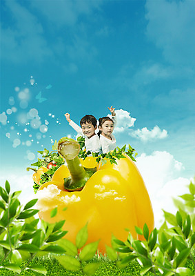 PSD 구름 편집 편집이미지 여자 남자 어린이 식재료 하늘 피망 나뭇잎 상반신 두명 한국인 가위바위보 유기농 어린이만 이미지편집 자연요소 웰빙 잎 채소 놀이 사람 동양인 파일형식