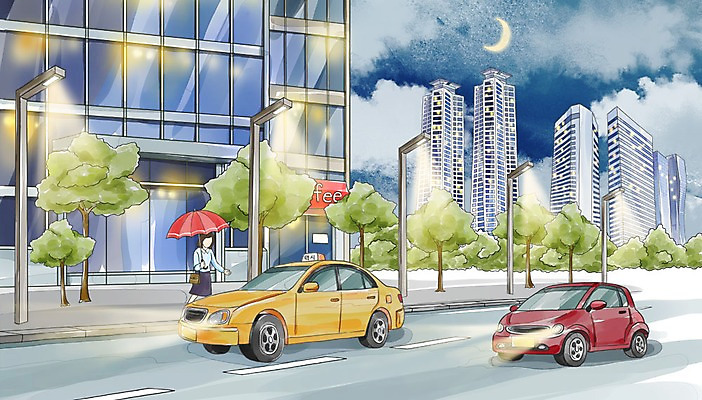 PSD 나무 여자 도로 가로등 일러스트 우산 자동차 수채화 대중교통 한명 빌딩 성인 야외 달 야간 퇴근 택시 국내일러스트 자연요소 식물 1 공공시설 길 육상교통 교통수단 교통시설 승용차 사람 건물 출퇴근 파일형식