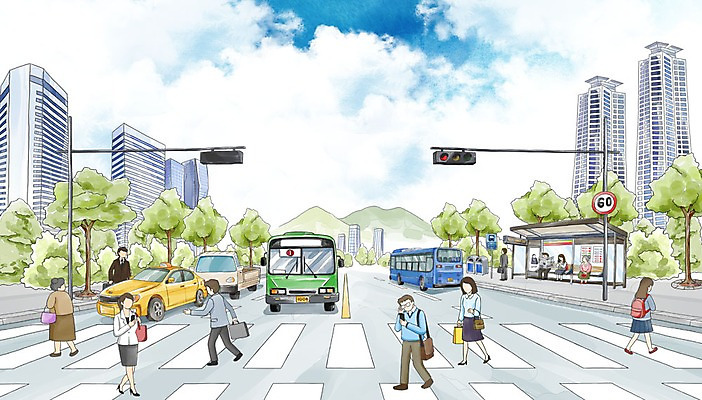 주간 PSD 여자 남자 일러스트 수채화 버스 대중교통 빌딩 여러명 성인 야외 트럭 보행자 횡단보도 버스정류장 신호등 택시 국내일러스트 자연요소 육상교통 교통수단 다수 승용차 자동차 사람 건물 보행로 역 파일형식