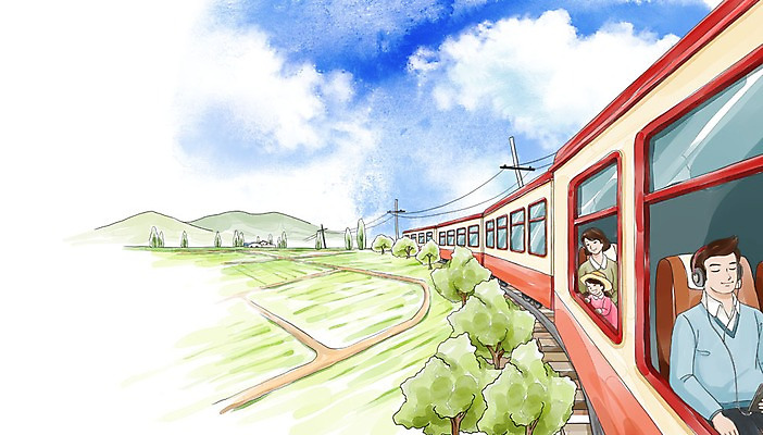 주간 PSD 나무 여자 남자 어린이 일러스트 수채화 산 대중교통 성인 야외 세명 헤드셋 기차 시골 국내일러스트 자연요소 식물 육상교통 교통수단 음향기기 사람 헤드폰 파일형식