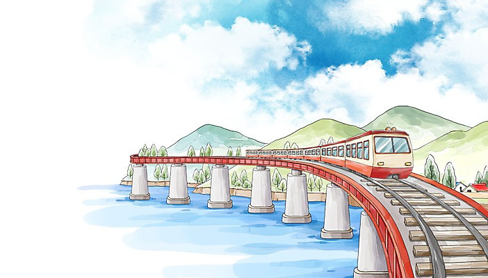 주간 PSD 일러스트 수채화 산 대중교통 사람없음 야외 강 기차 가교 국내일러스트 자연요소 건축물 육상교통 교통수단 파일형식