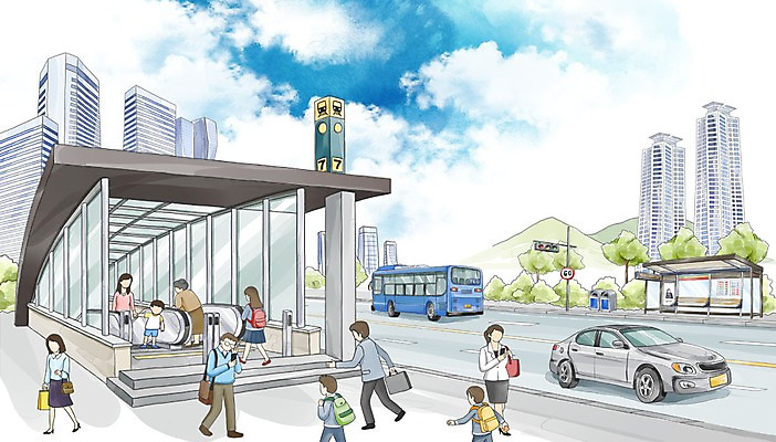 주간 PSD 여자 남자 도로 어린이 일러스트 자동차 수채화 버스 대중교통 빌딩 여러명 성인 야외 보행자 전철역 국내일러스트 자연요소 길 육상교통 교통수단 다수 교통시설 사람 건물 역 파일형식