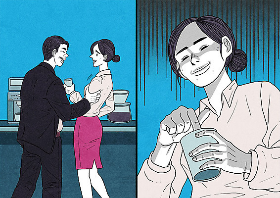 PSD 여자 남자 일러스트 성인 세명 예절 종이컵 커피메이커 카툰스타일 복수 성희롱 국내일러스트 사람 컵 일회용 성범죄 커피용품 파일형식