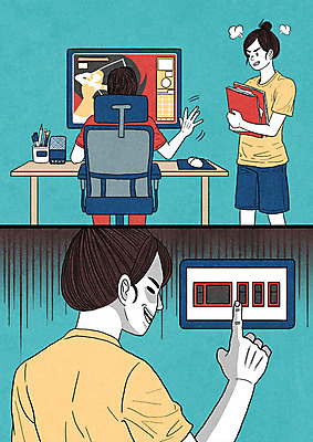 PSD 여자 남자 의자 일러스트 성인 세명 컴퓨터 분노 예절 책상 카툰스타일 두꺼비집 복수 국내일러스트 감정 가구 사람 전자제품 파일형식