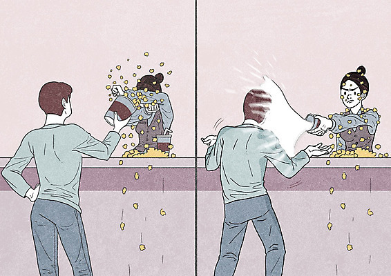 PSD 여자 남자 일러스트 여러명 성인 분노 예절 던지기 종업원 팝콘 카툰스타일 복수 사이다 국내일러스트 직업 감정 음료 다수 모션 사람 파일형식