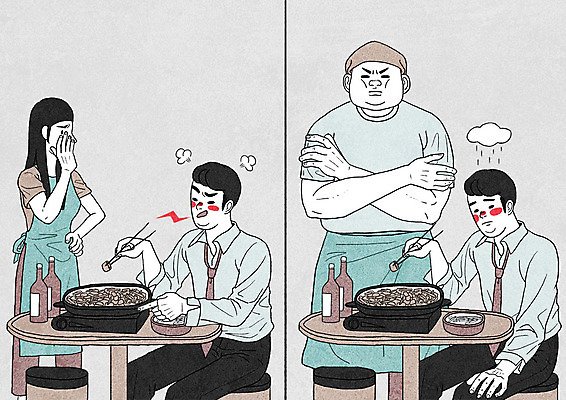 PSD 여자 남자 일러스트 식탁 술병 여러명 성인 식당 예절 안주 카툰스타일 무시 복수 불평 국내일러스트 다수 탁자 병_용기 주류 사람 상점 파일형식