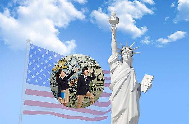 PSD 구름 편집 편집이미지 학생 여자 교육 남자 교복 청소년 두명 책 한국인 성조기 자유의여신상 유학 이미지편집 자연요소 옷 사람 동양인 미국 세계문화유산 국기 파일형식