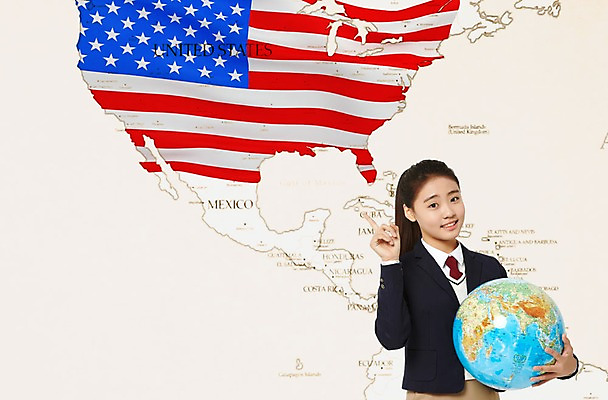 PSD 편집 편집이미지 학생 여자 교육 교복 청소년 한명 지구본 한국인 성조기 유학 이미지편집 1 옷 사람 동양인 국기 파일형식