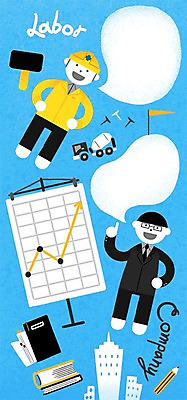 PSD 남자 말풍선 일러스트 회사 노동자 빌딩 성인 두명 책 연필 못 망치 헬멧 화합 노사화합 노사관계 노사협력 레미콘 서류판 국내일러스트 직업 비즈니스 학용품 사람 건물 필기구 사무용품 공구 보호장비 파일형식