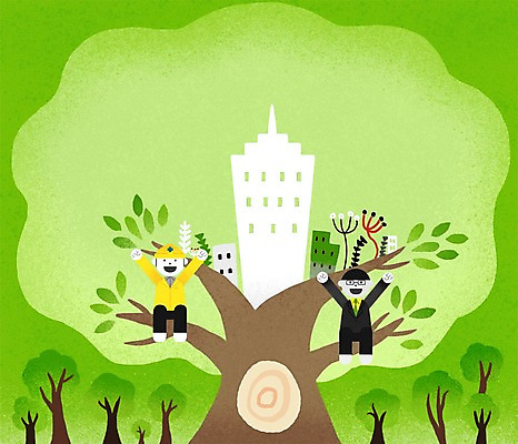 PSD 나무 남자 일러스트 회사 노동자 빌딩 성인 두명 손들기 헬멧 화합 노사화합 노사관계 노사협력 국내일러스트 식물 직업 비즈니스 모션 사람 건물 보호장비 파일형식