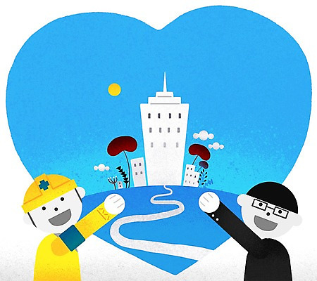 PSD 남자 길 일러스트 회사 노동자 빌딩 성인 두명 하트 헬멧 화합 노사화합 노사관계 노사협력 국내일러스트 모양 직업 비즈니스 사람 건물 보호장비 파일형식