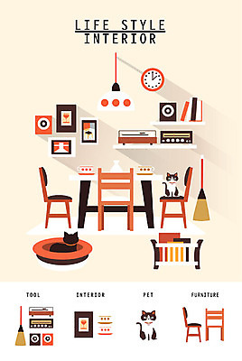 시계 가구 액자 의자 일러스트 식탁 선반 사람없음 인테리어 세트 고양이 찻잔 빗자루 오브젝트 라디오 생활공간 국내일러스트 AI파일 디자인 생활용품 포유류 탁자 잔 전자제품 반려동물 청소도구 파일형식 벡터
