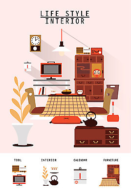 화분 가구 일러스트 조명 방석 사람없음 인테리어 세트 텔레비전 달력 찻잔 찻주전자 벽시계 오브젝트 서랍장 장식장 생활공간 코타츠 국내일러스트 AI파일 디자인 시계 생활용품 주전자 잔 전자제품 난방용품 파일형식 벡터