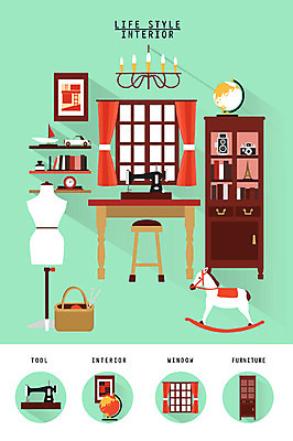 가구 액자 일러스트 창문 조명 선반 사람없음 인테리어 세트 지구본 바구니 커튼 목마 마네킹 재봉틀 오브젝트 장식장 생활공간 국내일러스트 AI파일 디자인 생활용품 파일형식 벡터