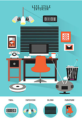 가구 액자 의자 일러스트 탁자 조명 사람없음 인테리어 세트 모니터 텔레비전 쓰레기통 블라인드 전화기 책상 오브젝트 디지털시계 생활공간 국내일러스트 AI파일 디자인 시계 생활용품 전자제품 컴퓨터 커튼 파일형식 벡터