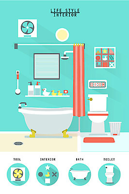 가구 일러스트 선반 욕조 사람없음 인테리어 세트 위생용품 욕실 쓰레기통 목욕가운 오브젝트 샤워기 환풍기 생활공간 좌변기 국내일러스트 AI파일 디자인 생활용품 장비 가운 변기 파일형식 벡터