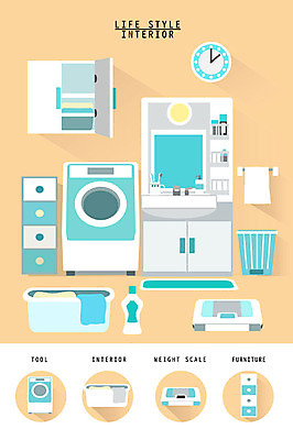시계 가구 일러스트 사람없음 인테리어 세트 수건 위생용품 거울 쓰레기통 오브젝트 세면대 서랍장 체중계 드럼세탁기 빨래통 생활공간 국내일러스트 AI파일 디자인 생활용품 세탁기 파일형식 벡터