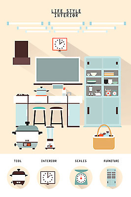 시계 가구 의자 일러스트 주전자 주방용품 저울 사람없음 인테리어 세트 주방 냄비 찬장 오브젝트 생활공간 주방가구 사운드믹서 국내일러스트 AI파일 디자인 음향기기 생활용품 솥 파일형식 벡터