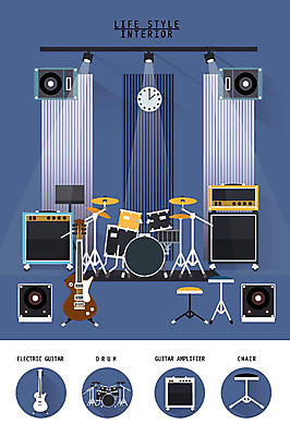 시계 가구 의자 일러스트 조명 사람없음 인테리어 세트 스피커 기타 오브젝트 드럼 생활공간 음악실 국내일러스트 AI파일 디자인 음향기기 생활용품 현악기 타악기 파일형식 벡터