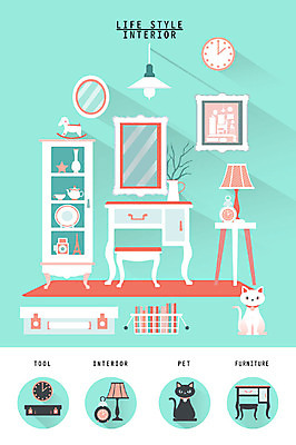 시계 가구 액자 일러스트 조명 사람없음 인테리어 세트 고양이 거울 스탠드 오브젝트 장식장 화장대 생활공간 국내일러스트 AI파일 디자인 생활용품 포유류 반려동물 파일형식 벡터