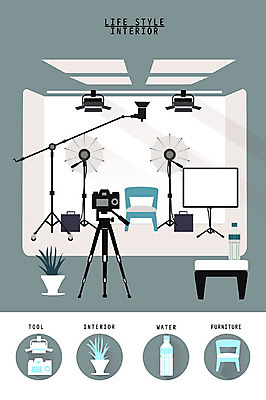 화분 가구 의자 일러스트 탁자 조명 사람없음 인테리어 세트 카메라 물병 오브젝트 삼각대 생활공간 촬영장비 국내일러스트 AI파일 디자인 생활용품 전자제품 도구 물통 파일형식 벡터