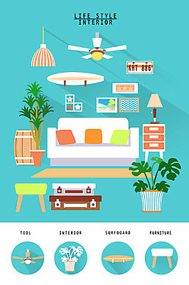 화분 가구 액자 쿠션 일러스트 조명 사람없음 인테리어 세트 소파 카펫 스탠드 서핑보드 오브젝트 서랍장 생활공간 국내일러스트 AI파일 디자인 생활용품 의자 보드_스포츠 파일형식 벡터