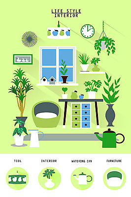 화분 시계 가구 액자 의자 일러스트 창문 탁자 조명 사람없음 인테리어 세트 물뿌리개 오브젝트 서랍장 생활공간 행잉플랜트 국내일러스트 AI파일 디자인 생활용품 파일형식 벡터