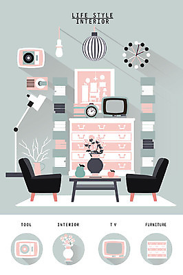 시계 가구 일러스트 탁자 조명 사람없음 인테리어 세트 소파 텔레비전 카펫 스탠드 배 사과 오브젝트 서랍장 다화병 생활공간 국내일러스트 AI파일 디자인 생활용품 의자 과일 전자제품 꽃병 파일형식 벡터