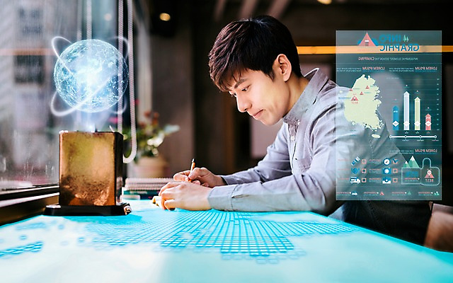 JPG 편집 편집이미지 남자 지도 한명 성인 컴퓨터그래픽 그래픽 인포그래픽 한국인 책상 디지털합성 합성 지구모양 홀로그램 증강현실 편집실사 모양 1 지구 가구 사람 동양인 CG 파일형식